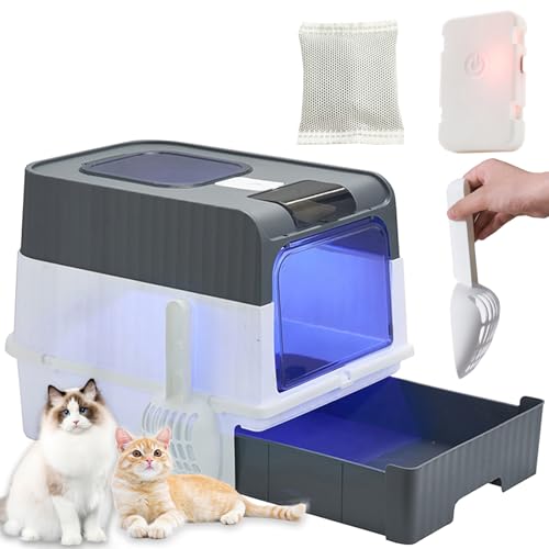 RJIHOEN Caja de Arena para Gatos Plegable,14 * 19 * 14 in Grande Cerrado Plástico Orinal para Gato,Equipada con luz Ultravioleta y Pala para Arena, fácil de Limpiar, a Prueba de olores y Salpicaduras