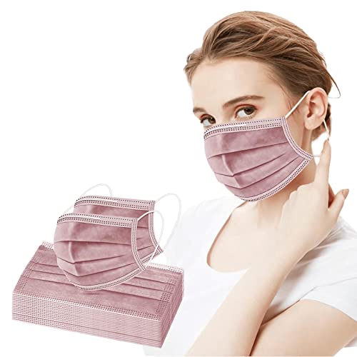100 Pcs Dusty Rose Disposable Face Masks, 3 Ply Face Mask with Elastic