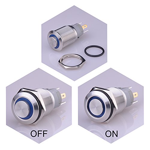 Ulincos Latching Pushbutton Switch U16F2 1NO1NC SPDT ON/OFF Silver Stainless Steel Shell with Blue LED Ring Suitable for 16mm 5/8" Mounting Hole (Blue)
