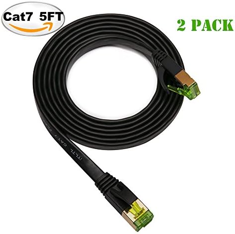 Cat7 STP Ethernet Cable 5ft Flat(2 pack), iTLTL Shielded Stranded Copper Network Cable Slim Internet Patch Wire for Modem/ Router/ LAN - 5 feet Black (Pack of 2)
