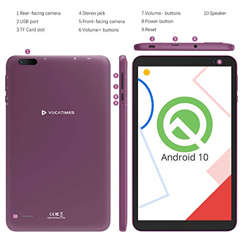 Tablet 8-Inch Android 10.0 Wi-Fi - VUCATIMES N8 Tablets 32GB ROM Quad-Core Dual Camera Processor IPS HD Display Bluetooth 4.2, Purple