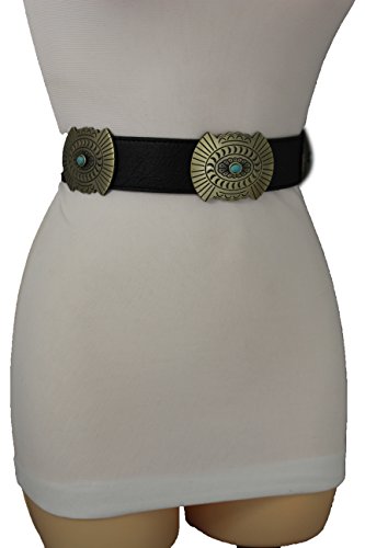 TFJ Women Western Concho Fashion Elastic Belt Hip Waist Gold Metal Charms S M Black