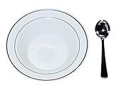 100 Heavyweight Elegant 12oz Plastic Disposable 7.5” Bowls & 100 Silver Plastic Spoons, Perfect for Salads, Desserts, Ice Cream, Soup, Catering, Weddings, Parties
