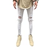 Helisopus Men's Straight Slim Fit Ripped Jeans With Distressed Holes Relaxed Destroyed Denim Pants White W30