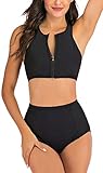 Black Front Zip Closure Women Two Pieces Crop
