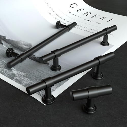 LONTAN 15 Pieces Kitchen Handles 128 mm Distance Black Handles Drawers Stainless Steel Furniture Hardware Minimalist Design for Dresser Drawers and Kitchen Cabinets