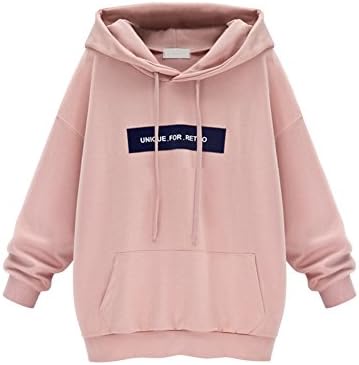 ELINKMALL Women Cotton Casual Letter Pink Harajuku Lightweight Pullover Sweatshirt Hooded