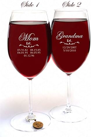 Mom Est. Grandma Est. Double Side Engraved 20oz Large Crystal Wine Glass | Choose from 4 Charms