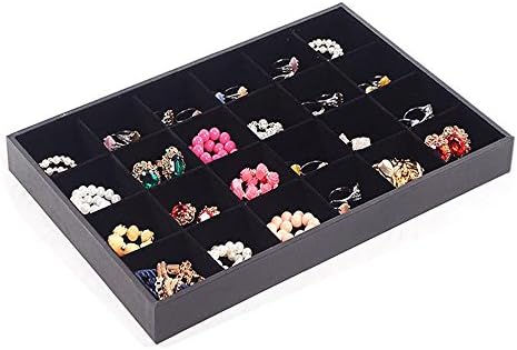 Velvet Drawer Insertable, 24 Compartments Grid Jewelry Holder Display Tray Showcase Storage Organizer Box for Necklace Rings Earrings Bracelets-Stackable