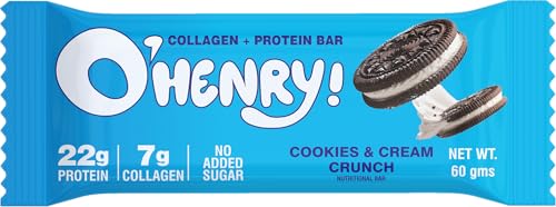 O Henry Collagen + Protein Bar - Cookies & Cream Crunch, No Added Sugar, 22g Protein, Pack of 12 (60g Each)