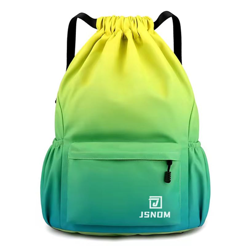 JSNOM Drawstring Gym Bags Waterproof : Large Sports Travel Yoga School Rucksack Backpack with Zip Pocket for Men Women (Green+Yellow, L)