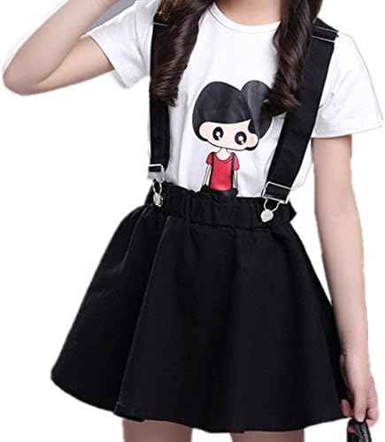 OushinyGirls' Denim Skirt with Suspenders & T-Shirt 2pcs Set,Black2,9-10