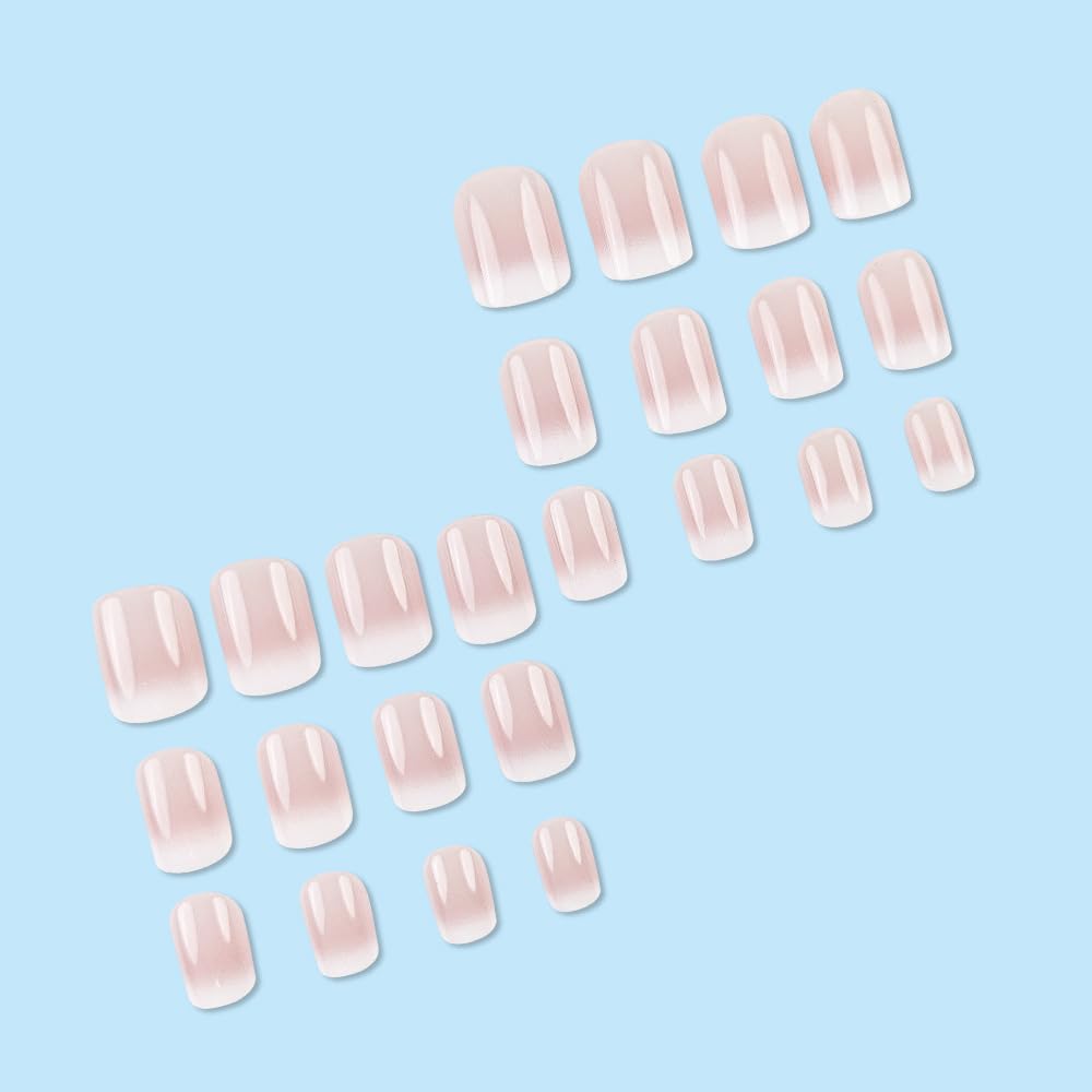 Gradient Pink Press on Nails Short Cute Pink Fake Nails with White Gradient Designs False Nails Glossy Full Cover Stick on Nails Acrylic Ombre Artificial Nails Glue on Nails Press ons for Women 24 Pcs - Image 4
