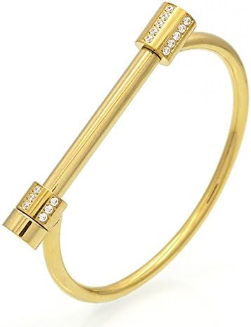 MEALL D shape design Titanium Steel Diamond Screw on shackle style Cuff Bangle Bracelet-Gold