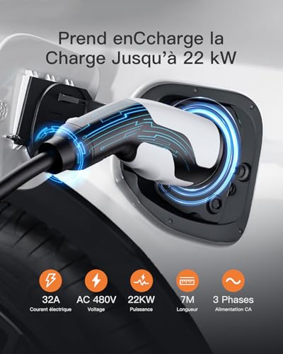tomons Type 2 Charging Cable, 22KW 7M 32A 3-Phase, Electric Car Type 2 for EV/PHEV, Type 2 to Type 2 EV with Carry Bag and Microfibre Cloth for Model S/3/X/Y, ID.3, ID.4