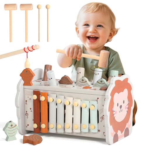 Baby Toy 1 Year – Montessori Games 1 Year 4 in 1 Montessori Toy with Taupe Tape-Taupe Xylophone Baby Fishing and Maze Toys for 1 Year Old Educational Wooden Ideal Christmas Gift Child 1 Year Old Girl Boy