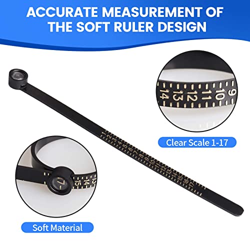 Ring Size Ruler, S SEEOR Ring Sizer Measurement Tool, Finger Size Gauge with Magnifying Glass, Plastic Finger Belt 1-17 US Size for Jewelry Marking (Black)