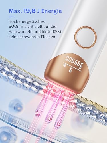 19.8J Hair Removal Device with Cooling System, 9 Energy Levels, 600 NM Red Light Wave, 999,900 Light Pulses, Automatic Gliding Mode, Hair Removal Device for Women, Face, Armpits, White