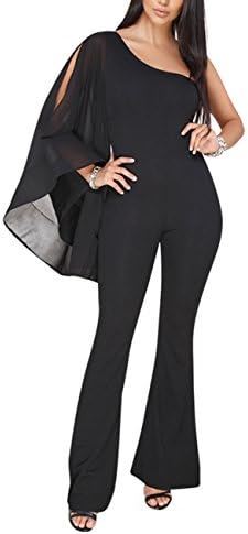 VEAGOO Womens Elegant One Shoulder Solid Jumpsuits High Waist Wide Leg Long Pants Rompers with Slit Sleeve L