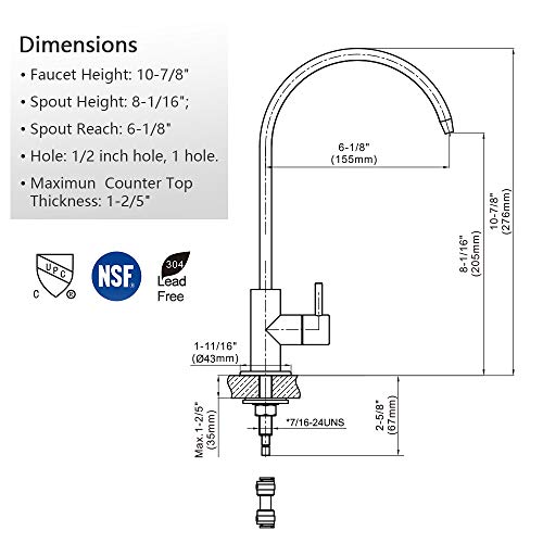 Primy 100% Lead-Free Drinking Water Filter Faucet with Single Handle for Water Filtration Systems & Reverse Osmosis Systems - Spot Resist SUS304 Stainless Steel - Brushed Nickel Steel Finish
