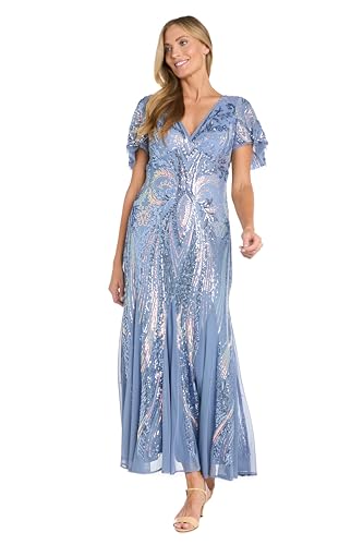 R&M Richards Women's Elegant Long Contrast Beaded V-Neck Gown W/Sheer Flutter S…