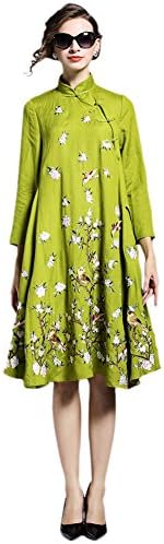 Star Heaven Chinese Style Peach Blossom Embroidery QiPao Style Dress Stand Collar Slant Pocket Big Hem Plus Size (M, Yellow-Green)