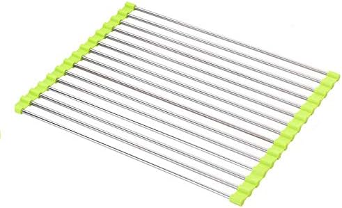 J Robin Roll Up Dish Drying Rack Over The Sink Dish Drainer Rack Large Stainless Steel Multipurpose Fruits and Vegetable Rinser for Kitchen, Green, 14.6"(L)×11.2"(W)