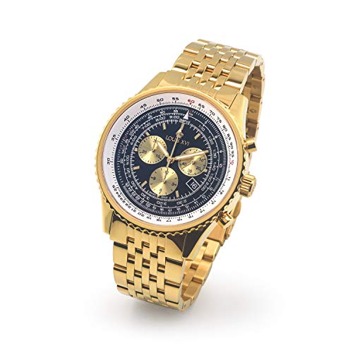 LOUIS-XVI-Herren-Armbanduhr-Artagnan-Stahlband-Gold-Schwarz-Chronograph-Analog-Quarz-Edelstahl-982