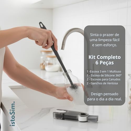 Kit de Limpeza Completa IstoSim – Escova 3 em 1 Multiuso + Escova de Silicone 360° + 2 Escovas para Canudos + 2 Ganchos Ventosa