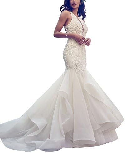LoveMyth Women's Long Sleeveless Trumpet High Neck Button Back Tulle Lace Empire Princess Wedding Dress