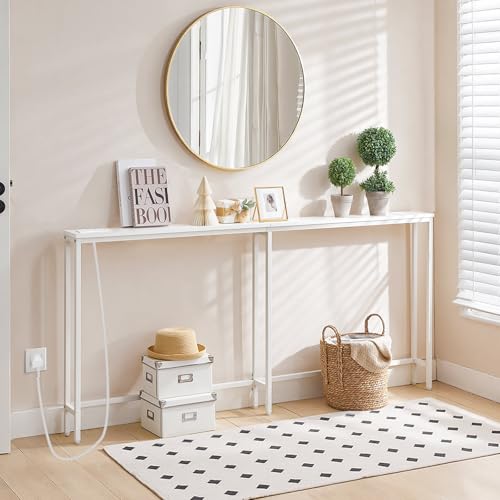 HOOBRO Narrow Console Table with Charging Station, 160 cm Behind Sofa Couch Table, Long Hallway Table, Slim Console Table for Hallway, Entryway, Living Room, White EWW165KXG01