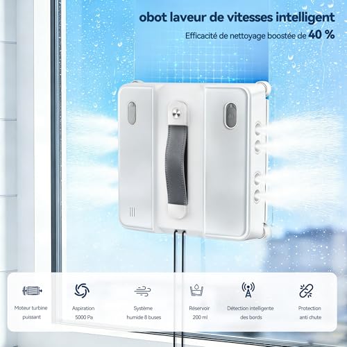Robot Laveur de Vitre, Fonction Vaporisation, Aspiration Turbo 5000Pa, 8 Buses de Brume D'eau, Silencieux, 3 Modes, Navigation Intelligente, Détection Bords, 4 Lingettes