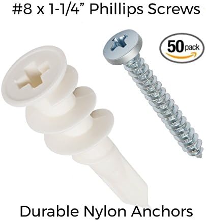 Drywall Anchors Kit: 100 Pieces, Nylon, Extra Strength Wall Anchors, Self Drilling, #8 1-1/4 Screws, Holds 50lbs, Durable, Easy to use, Great for Hanging Light to Medium Objects, Masonry