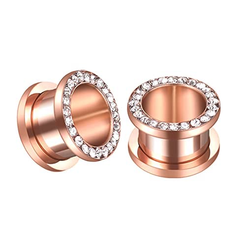 Rose Gold Plated Crystal Rhinestones CZ Ear Tunnels Plugs Expander Gauges Stretcher Earrings Screw Stainless Steel Piercing Body Jewelry Personalized Gifts (0g(8mm))