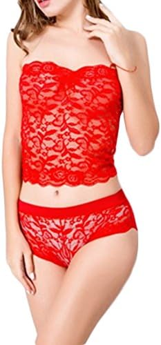 Women's Sexy 2 Piece Lace Lingerie Set Strapless Floral Bra and Panty Babydoll Set (Red, M)