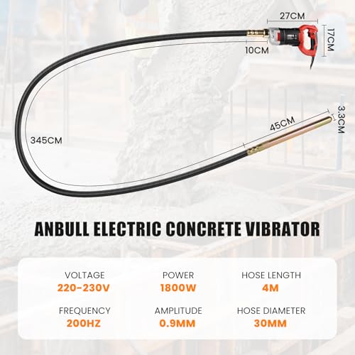 Anbull Electric Concrete Vibrator 4 m, 1800 W Vibrating Needle For Concrete, 5500 rpm, 0.9 mm Amplitude, Concrete Vibrator
