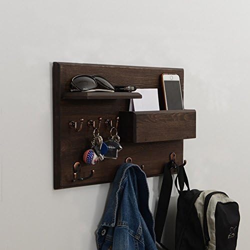 Woodymood Rustic Wall Organizer Shelf, Key Hooks, Coat Hooks, Mail pocket, W:19.5'' L:3.4'' H:12'' (Dark Brown)