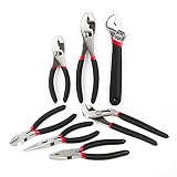 FASTPRO 7-Piece Utility Pliers and Wrench Set, Includes Slip Joint Pliers, Long Nose Pliers, Diagonal Pliers, Groove Joint Pliers, Linesman Pliers and Adjustable Wrench, Dipped Handle