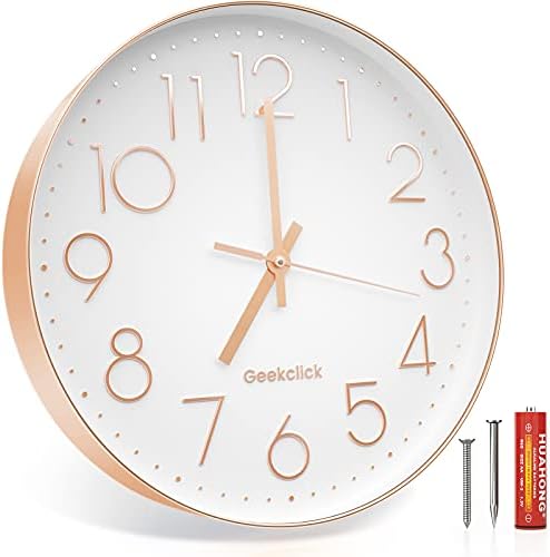 Geekclick 12″ Wall Clock [Battery Included], Silent & Massive Wall Clocks for Residing Room/Workplace/House/Kitchen Decor, Fashionable Fashion & Straightforward to Learn – Rose Gold & White