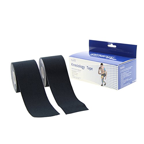 MUEUSS Kinesiology Tapes Uncut Waterproof Hypoallergenic Breathable Elastic Roll for Knee Ankle Muscles Elbow Shoulder Latex Free 16.5 ft (Black (2 pc/set))