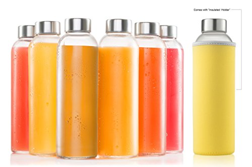 Sagler glass bottles 6 Pack 18oz - Includes 6 Sleeves (COLORS MAY VARY) - glass drinking bottles for Beverage and Juice - water bottle glass with stainless Steel Caps with - Leak-Proof Lid