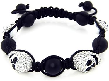 White Black Onyx Skull Head Swarovski Crystal Hand Beaded Shamballa Inspired Fireball Macrame Bracelet Mens Ladies 12mm