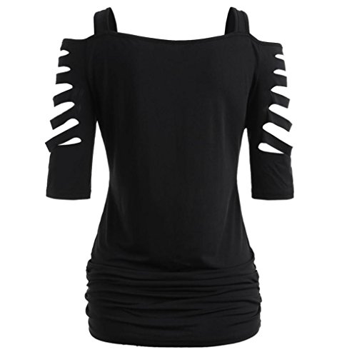 Womens Fashion Shoulder Cut Lacerated Sleeve T-Shirt Hollow Out Casual Tops (Size:L, Black)