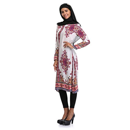 Besooly Women Plus Size Summer Dress Islamic Printing Long Sleeves Plus Size Muslim Middle East Long Dress