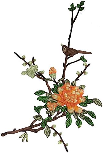 Emmas Very Large Peony Flower with Bird Sewn On Patches Embroidered Garment DIY Accessory (Yellow)