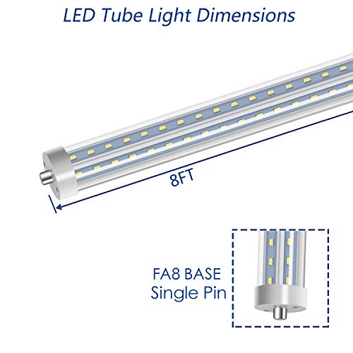 LED Light Tube 8FT, T8 T10 T12 LED Tubes, 72W Single Pin FA8 Base 270 Degree V Shaped LED Chip Bulbs, Dual-End Powered, Ballast Bypass, Fluorescent Replacement, 6500K|7200Lumens, Clear - 4 Pack