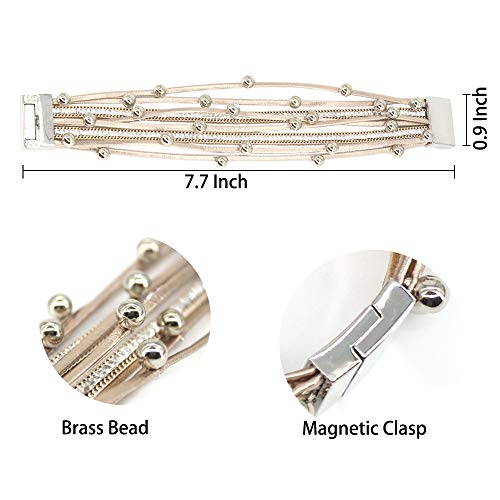 FANCY SHINY Bead Leather Bracelet Boho Wrap Bracelet Layered Rhinestone Cuff Bracelet with Magnetic Clasp,7.5"(Rose Gold)