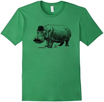 Mens Hippo in Derby Hat with Mustache T-Shirt Medium Grass