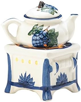 White Porcelain W/ Blue Floral &amp; Grape Motif Teapot and Stove Oil Warmer