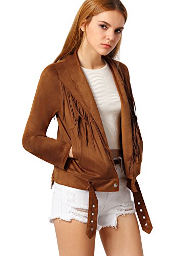 ROMWE Women's Faux Suede Long Sleeve Short Jacket Tassel Coat Brown S ROMWE Women's Faux Suede Long Sleeve Short Jacket Tassel Coat Brown S